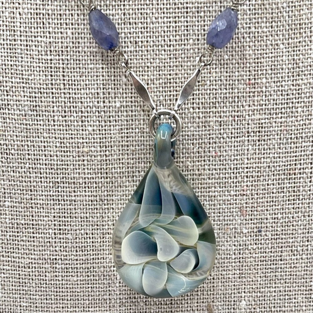 16" HANDBLOWN GLASS PENDANT IN STERLING SILVER WITH LAVENDER AND PALE BLUE GEMS